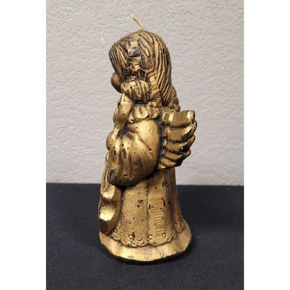 Angel Playing Cello Wax Candle Antique Gold Color 6 Inch Tall